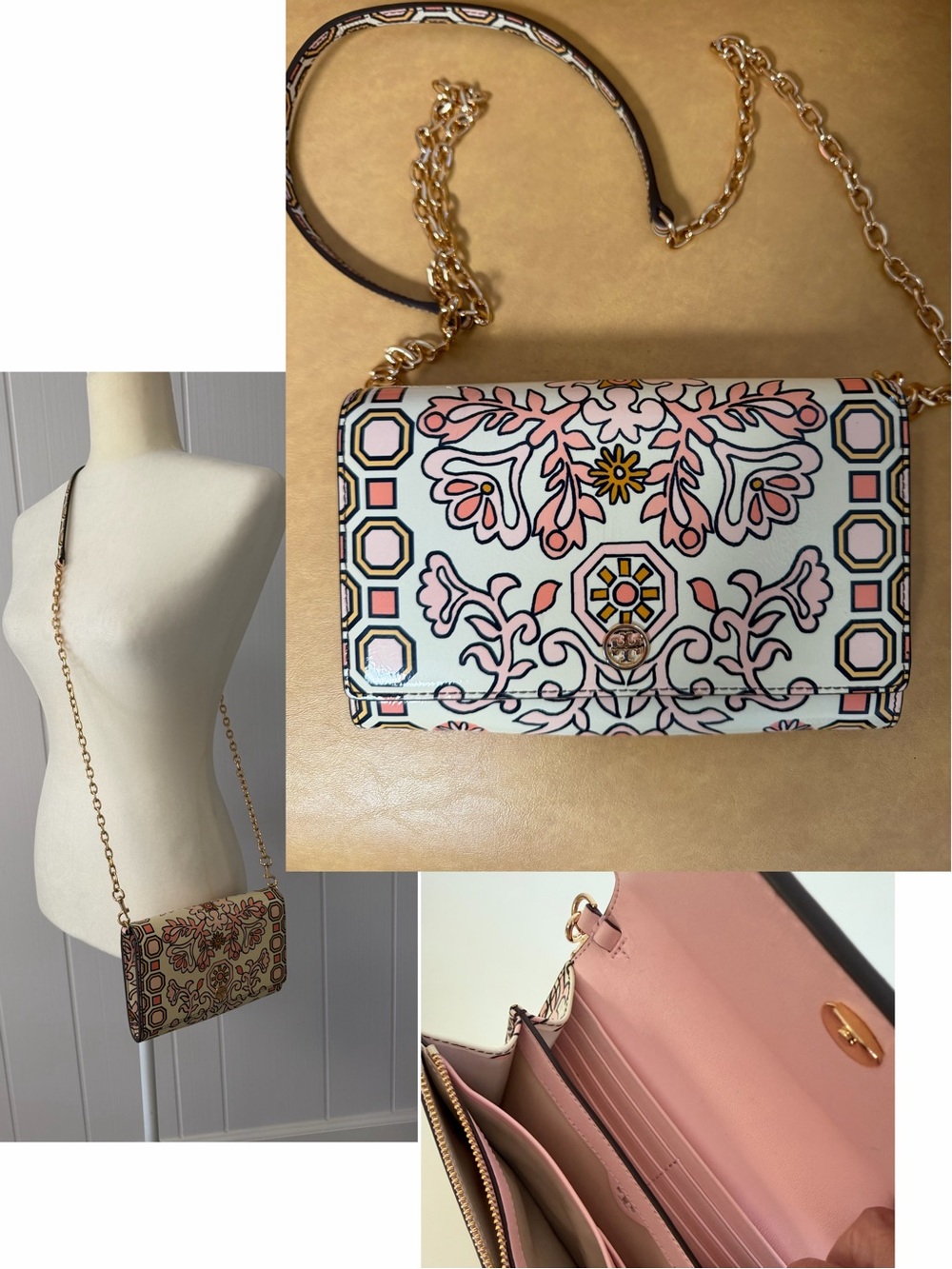Tory Burch Hicks Garden Party Chain Wallet Crossbody Bag Pink & Cream